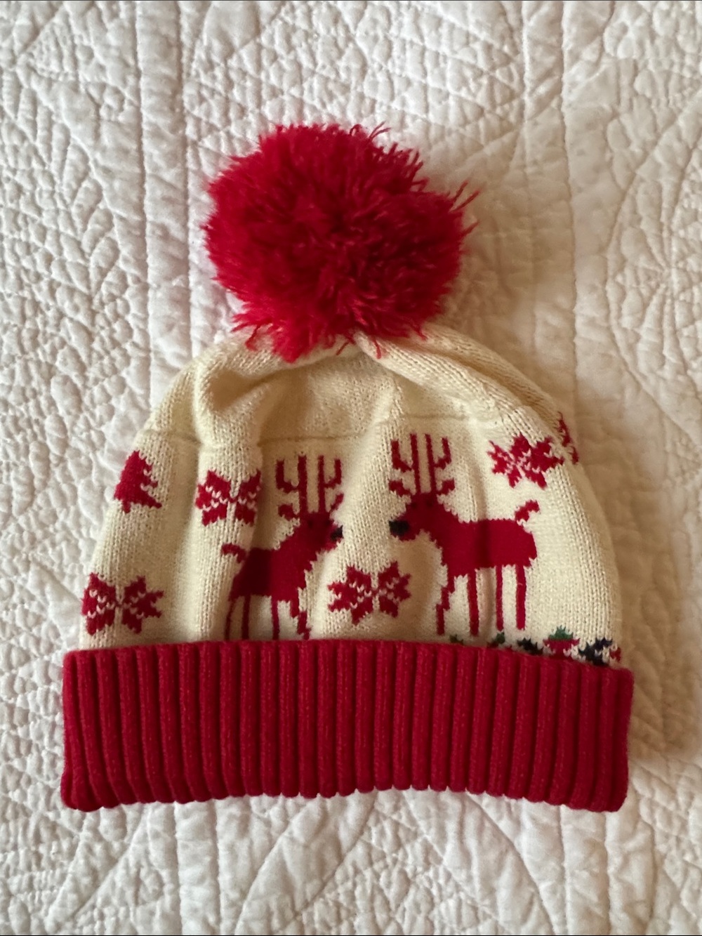 Hanna Andersson Cream and Red Reindeer Pom Beanie
